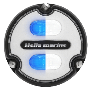 HELLA MARINE APELO A1 BLUE WHITE UNDERWATER LIGHT, 1800 LUMENS, BLACK HOUSING, WHITE LENS