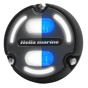 HELLA MARINE APELO A2 BLUE WHITE UNDERWATER LIGHT, 3000 LUMENS, BLACK HOUSING, CHARCOAL LENS W/EDGE LIGHT