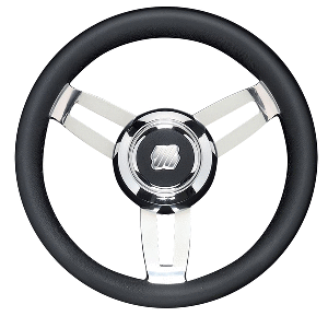 UFLEX MOROSINI 13.8" STEERING WHEEL, BLACK POLYURETHANE W/STAINLESS STEEL SPOKES & CHROME HUB