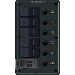 BLUE SEA 8521, 5 POSITION CONTURA SWITCH PANEL W/DUAL USB CHARGERS, 12/24V DC, BLACK
