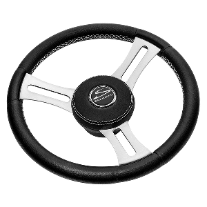 SCHMITT MARINE TORCELLO ELITE 14" WHEEL, BLACK LEATHER & CAP, WHITE STITCHING, POLISHED SS SPOKES, 3/4" TAPERED SHAFT