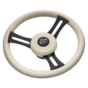 SCHMITT MARINE TORCELLO ELITE 14" WHEEL, BEIGE LEATHER & CAP, WHITE STITCHING, BLACK SS SPOKES, 3/4" TAPERED SHAFT