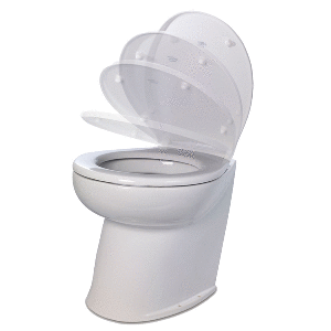 JABSCO DELUXE FLUSH 17" ANGLED BACK 12V RAW WATER ELECTRIC MARINE TOILET W/REMOTE RINSE PUMP & SOFT CLOSE LID