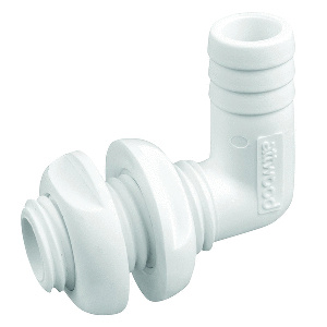 ATTWOOD WHITE PLASTIC 90 DEGREE THRU-HULL CONNECTOR, 3/4" INNER DIAMETER