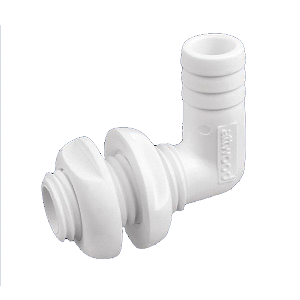 ATTWOOD WHITE PLASTIC 90 DEGREE THRU-HULL CONNECTOR, 1-1/8" INNER DIAMETER