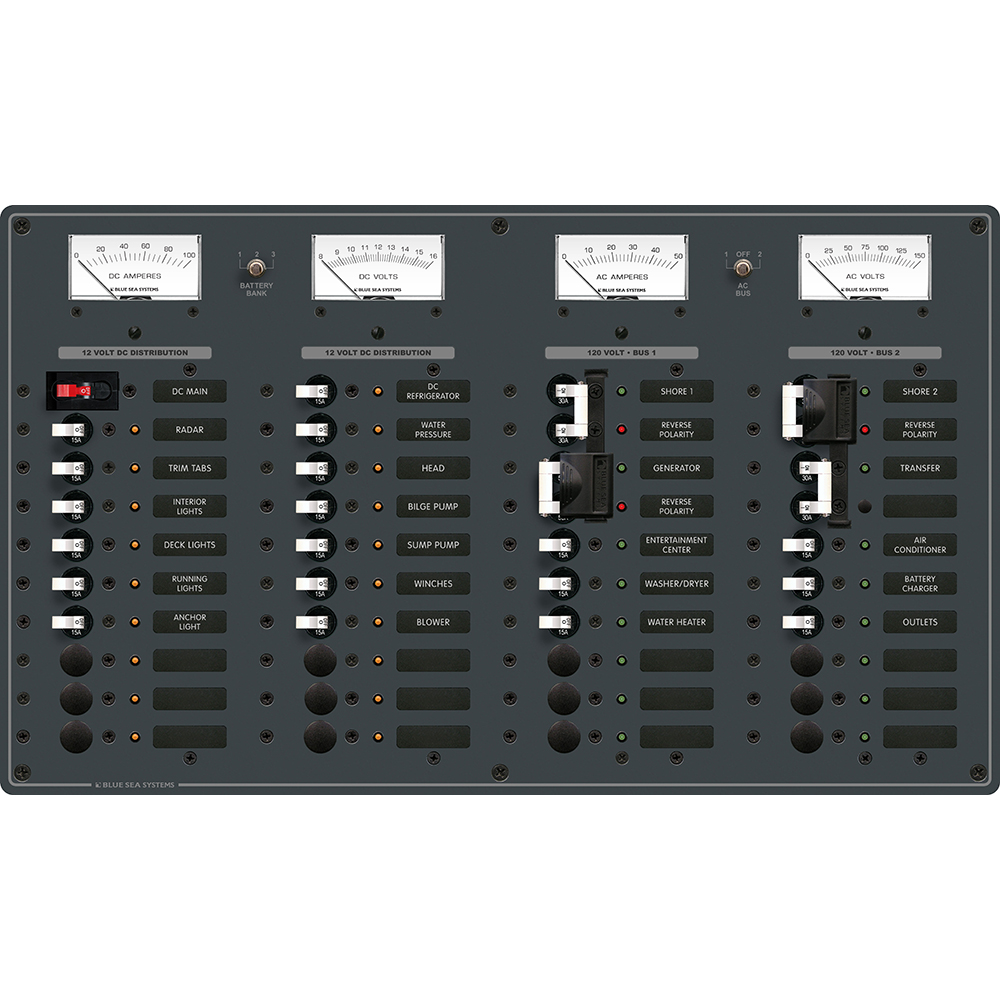BLUE SEA 8086 AC 3 SOURCES +12 POSITIONS/DC MAIN +19 POSITION TOGGLE CIRCUIT BREAKER PANEL, WHITE SWITCHES