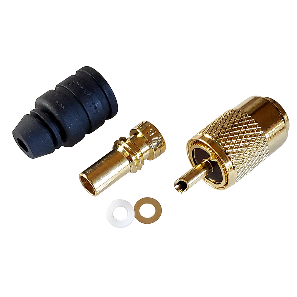 SHAKESPEARE PL-259-58-G GOLD SOLDER-TYPE CONNECTOR W/UG175 ADAPTER & DOODAD CABLE STRAIN RELIEF F/RG-58X