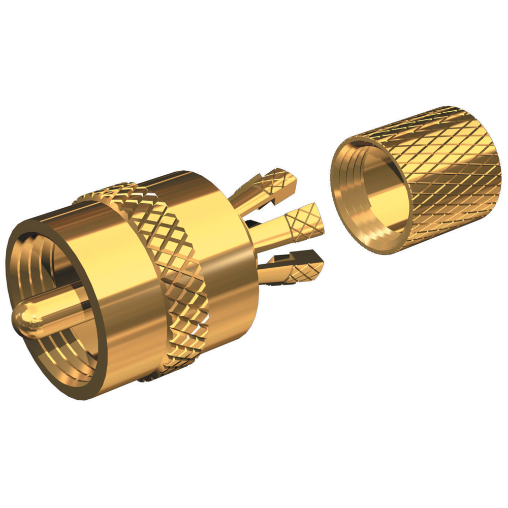 SHAKESPEARE PL-259-CP-G, SOLDERLESS PL-259 CONNECTOR FOR RG-8X OR RG-58/AU COAX, GOLD PLATED