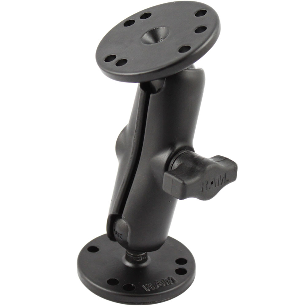 RAM MOUNT 1" BALL DOUBLE SOCKET ARM W/2 2.5" ROUND BASES, AMPS HOLE PATTERN