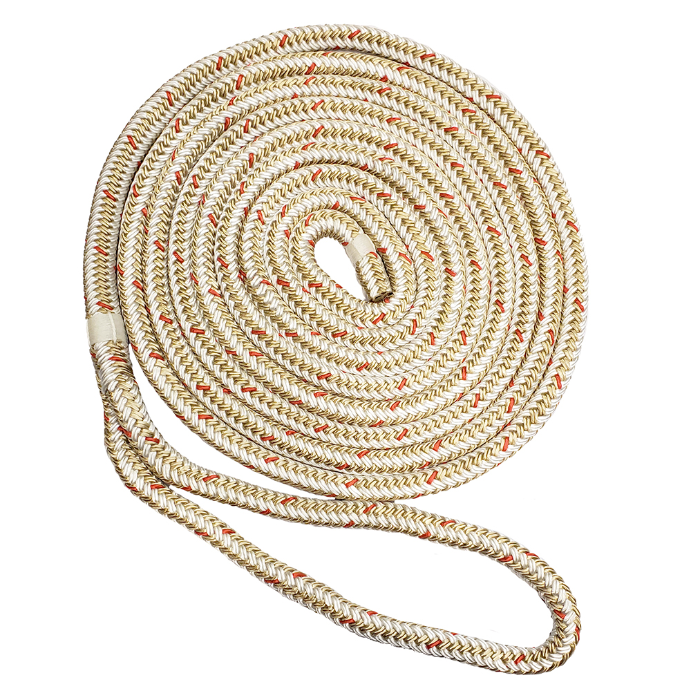 NEW ENGLAND ROPES 3/8" DOUBLE BRAID DOCK LINE, WHITE/GOLD W/TRACER, 15'