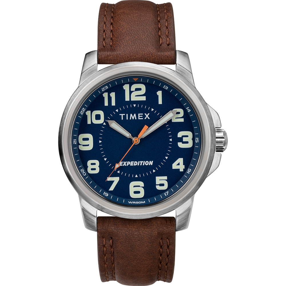 TIMEX MEN'S EXPEDITION METAL FIELD WATCH, BLUE DIAL/BROWN STRAP