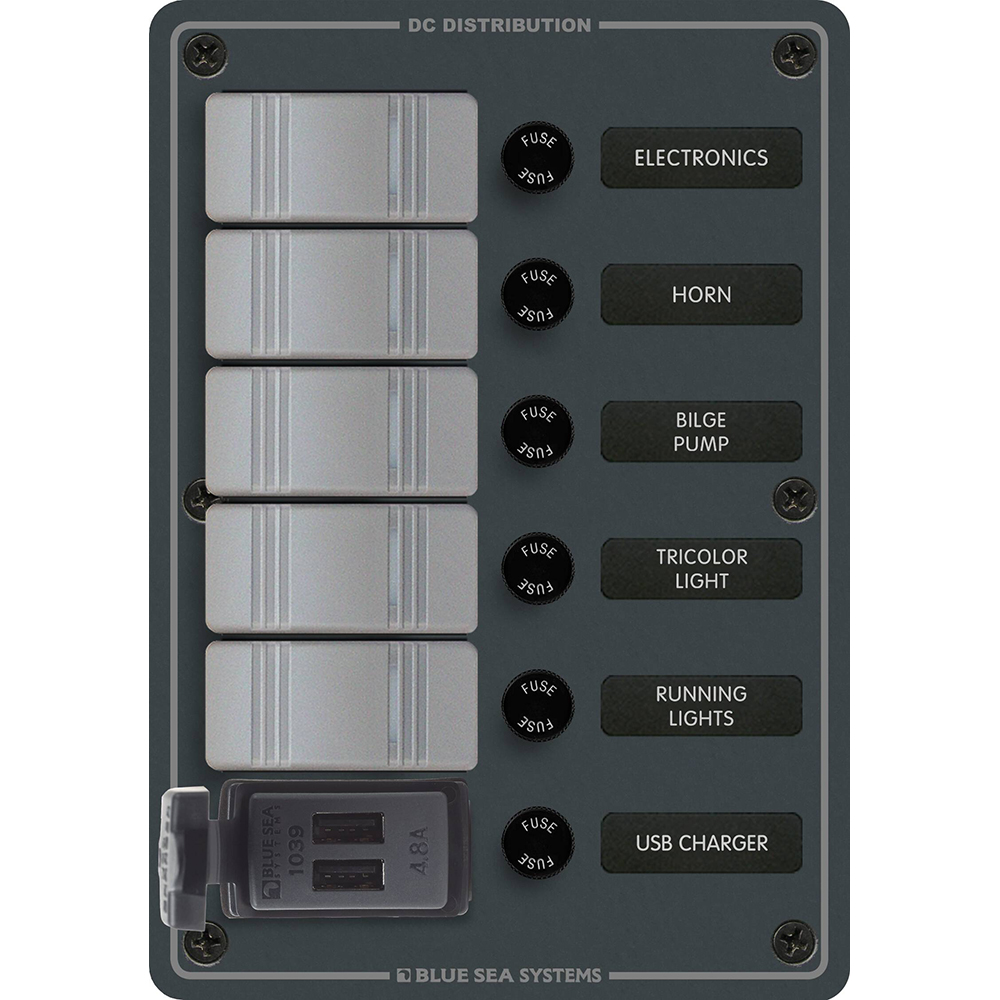BLUE SEA 8121, 5 POSITION CONTURA SWITCH PANEL W/DUAL USB CHARGERS, 12/24V DC, BLACK